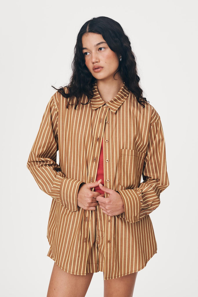 Ramona Stripe Long Sleeve Shirt Tan Stripe